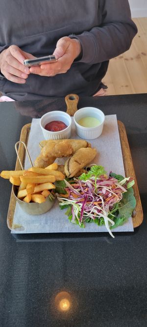 Fish and taro with chips at Vegan World Peace by Loving Hut in Reykjavik