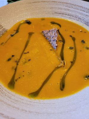 Pumpkin soup at Vegan World Peace by Loving Hut in Reykjavik