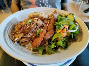 Vermicelli noodles with mock meats and minty salad at Vegan World Peace by Loving Hut in Reykjavik