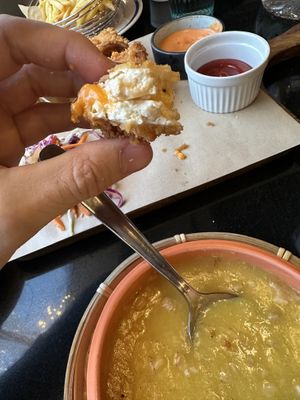 Corn soup and croquette   at Vegan World Peace by Loving Hut in Reykjavik