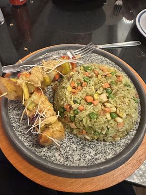 Fried rice with very real chicken satay  at Vegan World Peace by Loving Hut in Reykjavik