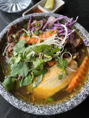 Soup with  vegan beef  at Vegan World Peace by Loving Hut in Reykjavik