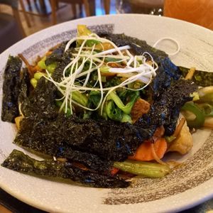 Korean glass noodles,  pak choi,  seaweed, tofu. at Vegan World Peace by Loving Hut in Reykjavik