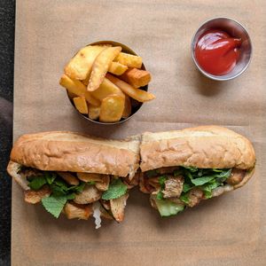 Bahn mi with vegan meat and fries at Vegan World Peace by Loving Hut in Reykjavik