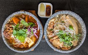 Spicy "beef" soup and pho at Vegan World Peace by Loving Hut in Reykjavik