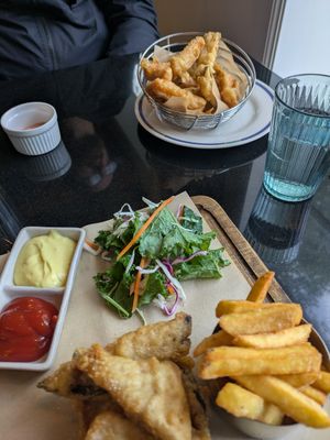 Tempura and the front: fish, taro and chips. at Vegan World Peace by Loving Hut in Reykjavik