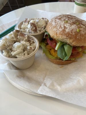 Plantain Jerk sandwich with truffle potato salad at The Hungry Caterpillar in Jacksonville