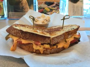 Southwest grilled cheese with a side of potato salad- black bean puree, tomato, vegan jack cheese, bell peppers, chipotle aioli on whole grain bread at The Hungry Caterpillar in Jacksonville