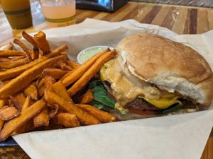 Impossible burger with sweet potato fries at Gora's Grill in Ypsilanti