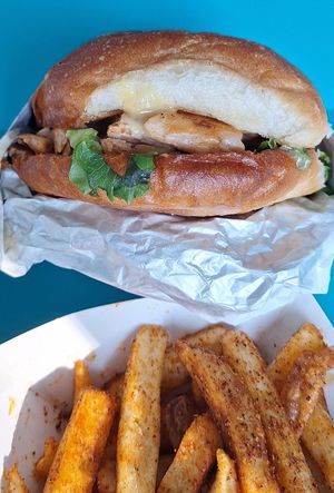 Chik'n burger (and Masala Fries) at Gora's Grill in Ypsilanti