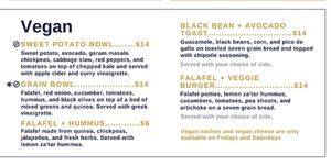 Vegan menu  at Plan Shop Live in Maryville