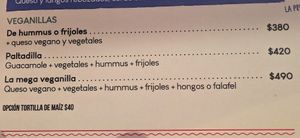 The current vegan menu at La Chingada in Montevideo