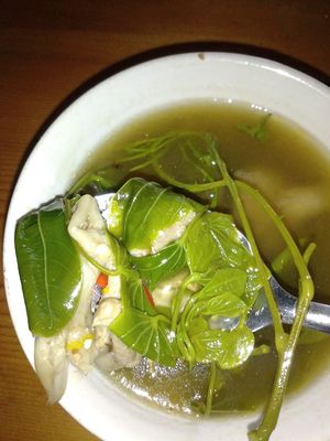 Details of the soup to the left of the plate in the other photo.  The owner promised it's so much better hot, but I liked it cold just as well.  Real homemade!   at Maesai Vegetarian Food แม่สาย อาหาร เจ  in Mae Sai