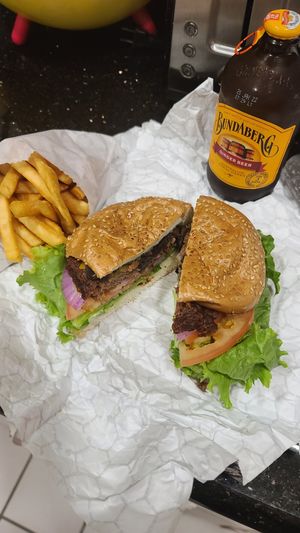 Beyond burger, comes with fries at 3 Mundos in Monterey