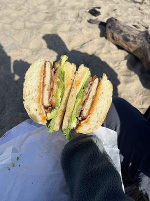 Vegan chicken sandwich with added pickles and avocado 🥑   at 3 Mundos in Monterey