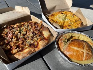 BBQ apizza, mashed potato apizza, broccoli cheddar bread bowl at Three Girls Vegan Creamery - Downtown in Guilford