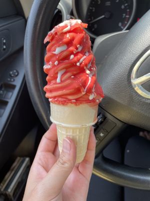 Cherry dip soft-serve at Three Girls Vegan Creamery - Downtown in Guilford
