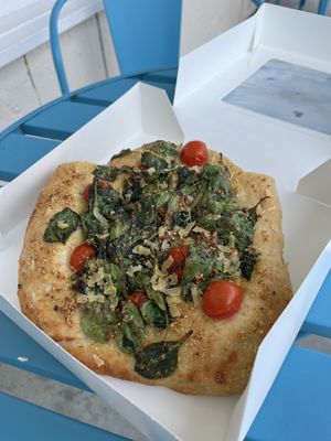 Vegan Focaccia with Tomatoes, Spinach and Parmesan.  at Three Girls Vegan Creamery - Downtown in Guilford