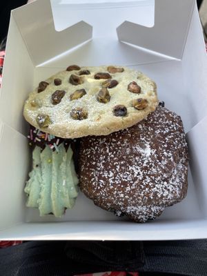 Pistachio cookie, raspberry-filled cookie, and chocolate croissant  at Three Girls Vegan Creamery - Downtown in Guilford