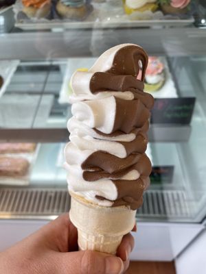 Vanilla chocolate twist cone  at Three Girls Vegan Creamery - Downtown in Guilford