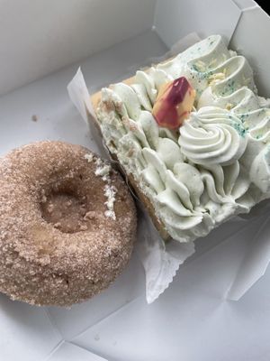 Apple cider donut and jasmine green tea white peach cake  at Three Girls Vegan Creamery - Downtown in Guilford