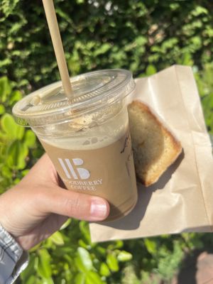 Valencia oat milk latte and lemon cake to go  at Woodberry Coffee - Setagaya in Tokyo