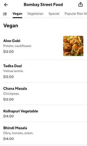 Vegan menu at Bombay Street Food 2 in Washington