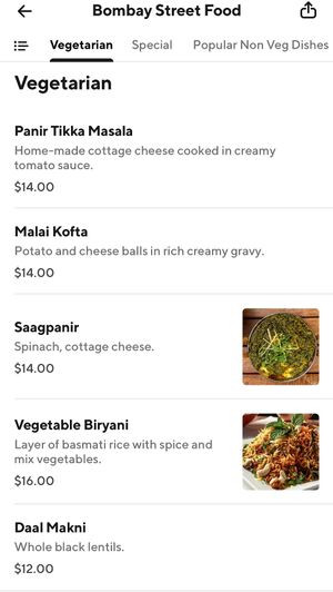 Vegetarian menu at Bombay Street Food 2 in Washington