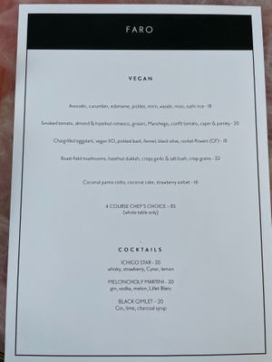 Vegan menu options  at Faro in Berriedale