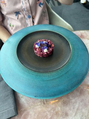 BEETROOT TARTARE
Salt baked beetroot, buckwheat, French oil, blackberry gel, capers, fermented apple, pickled mustard seeds, guindilla, crisps & crostini  at Faro in Berriedale
