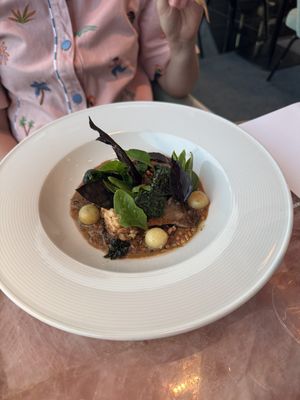 MEAT IS MURDER
Ancient grain risotto, manchego cream, caramelised witlof, confit potato, fino & onion broth, Escabeche fergus mushroom, wakame sabayon, textures of green leaves, ko at Faro in Berriedale