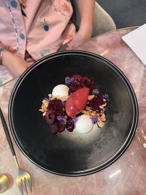 TINDULGENCE FOR THE CONSCIOUS MIND-20
Coconut panna cotta, morello cherry sorbet, blackberry caviar, toasted almonds, red wine pate de fruit, cherries  at Faro in Berriedale