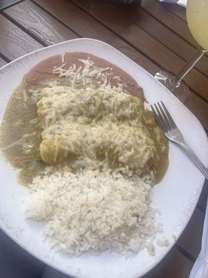 Spinach and mushroom enchiladas with vegan cheesee  at Maracas Mexican Cantina & Grill in Palm Springs