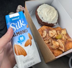 Molasses donut, apple fritter, and some almondmilk at The Donut GroVe in Orono