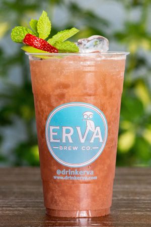 Cinna-mate, fresh-pressed strawberry juice, simple syrup, lime juice, shaken with ice. at Erva Brew Co. in Pasadena