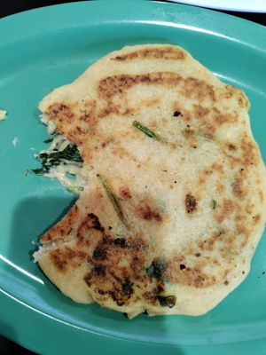 Vegan cheese and spinach pupusa at Mamicon's Vegan Mexican Restaurant in Northridge