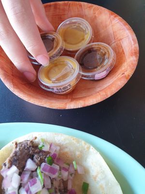 yellow is very hot! at Mamicon's Vegan Mexican Restaurant in Northridge