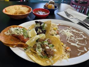 3 vegan taco combination with rice and beans  at Mamicon's Vegan Mexican Restaurant in Northridge