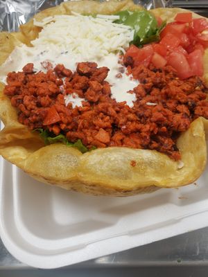Vegan Chorizo Taco Tostada Salad at Mamicon's Vegan Mexican Restaurant in Northridge