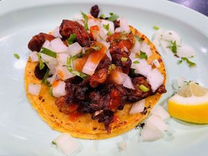 Red sauce soy protein   at Mamicon's Vegan Mexican Restaurant in Northridge