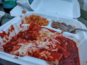 Red Cheese Enchiladas at Mamicon's Vegan Mexican Restaurant in Northridge