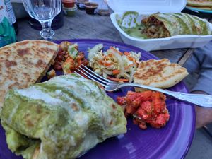 Verde Asada Burrito and Pupusas at Mamicon's Vegan Mexican Restaurant in Northridge