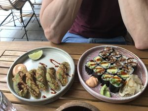 Sushi and fried avocado 🥑  at Ahimsa in Munich