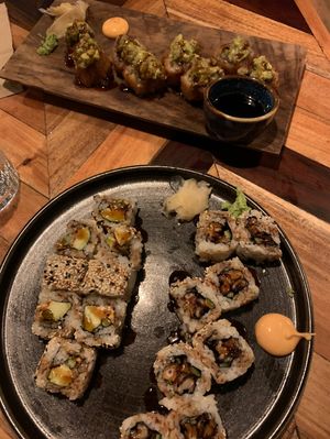 Fried Avocado Roll, Asparagia Roll, crispy shroom roll at Ahimsa in Munich