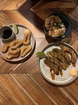 Fried “calamari”, fried avocado and crispy gyoza  #Veganuary at Ahimsa in Munich