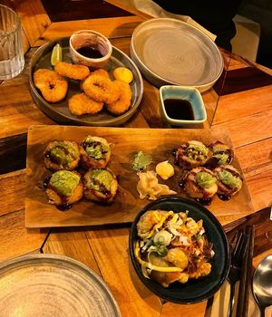 Starters: Fried "Calamari", Veggie Gyoza, Avocado SushiRoll  at Ahimsa in Munich