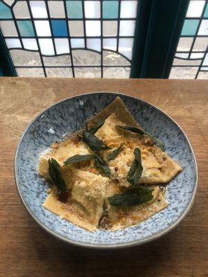 Fresh ravioli with cauliflower, fennel and roast garlic, crispy sage  at The Sundial Kitchen in Bristol
