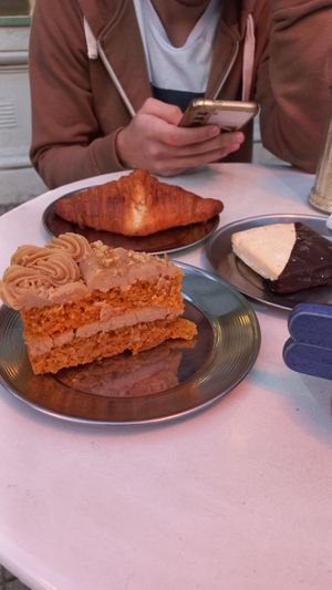 Carrot cake. Alfajor estilo tita y croissant at Bioma in Buenos Aires