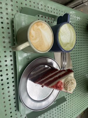 Red Velvet Cake, Cappuccino and Matcha Latte  at Bioma in Buenos Aires