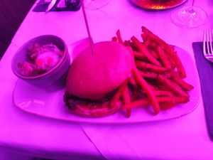 Beyond meat burger with sweet potato fries at Gasthaus Herkenrath Hof in Leverkusen